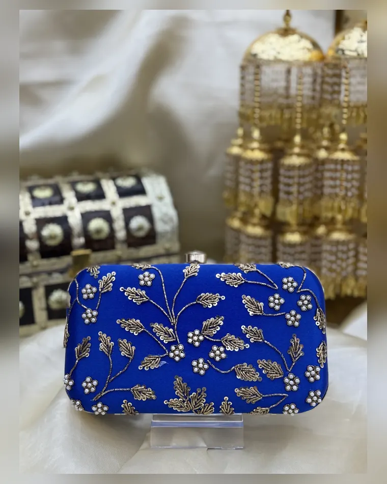 Royal blue silk clutch with pearl flowers and zardozi vine embroidery — Indian wedding clutch Calgary