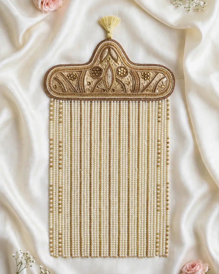 Royal arch-design zardozi sehra with intricate gold work and pearl hangings