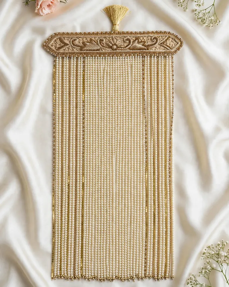Traditional gold zardozi embroidered groom sehra with cascading pearl strands