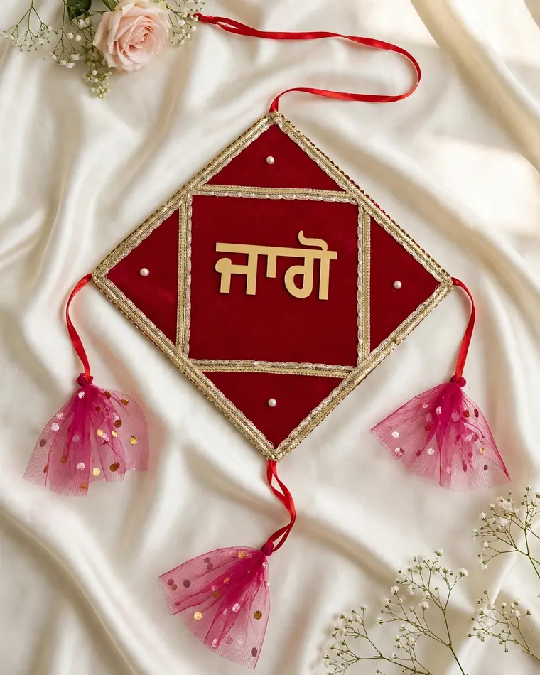 Red velvet Jaggo hanging wall decor with pearl details and pink tassels