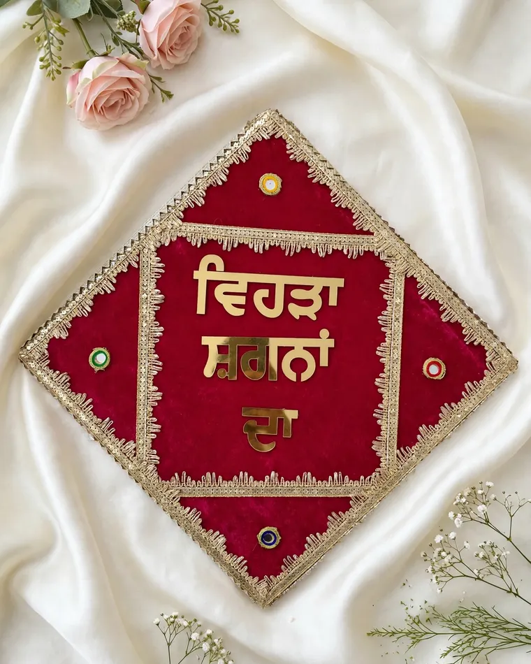 Red velvet Vihra Shagana Da decorative hanging board with gold trim