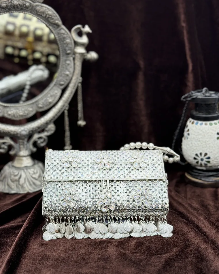 Silver embellished bridal clutch with floral crystal rhinestones and clear acrylic handle — Indian wedding clutch Calgary