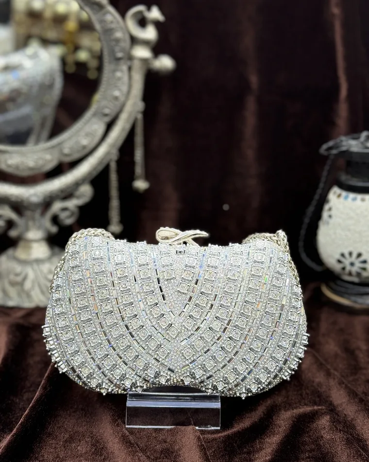 Round silver rhinestone crystal clutch with statement crystal flower and chain handle — bridal evening bag Calgary