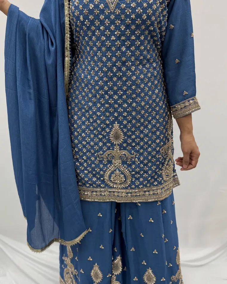 Stitched royal blue heavy zari and sequin embroidered kurti with sharara and matching dupatta, size 38 — Punjabi suit Calgary
