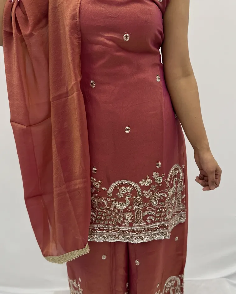 Stitched coral red sleeveless kurti with peacock zari and sequin embroidery, sharara and matching dupatta, size 38 — Punjabi suit Calgary