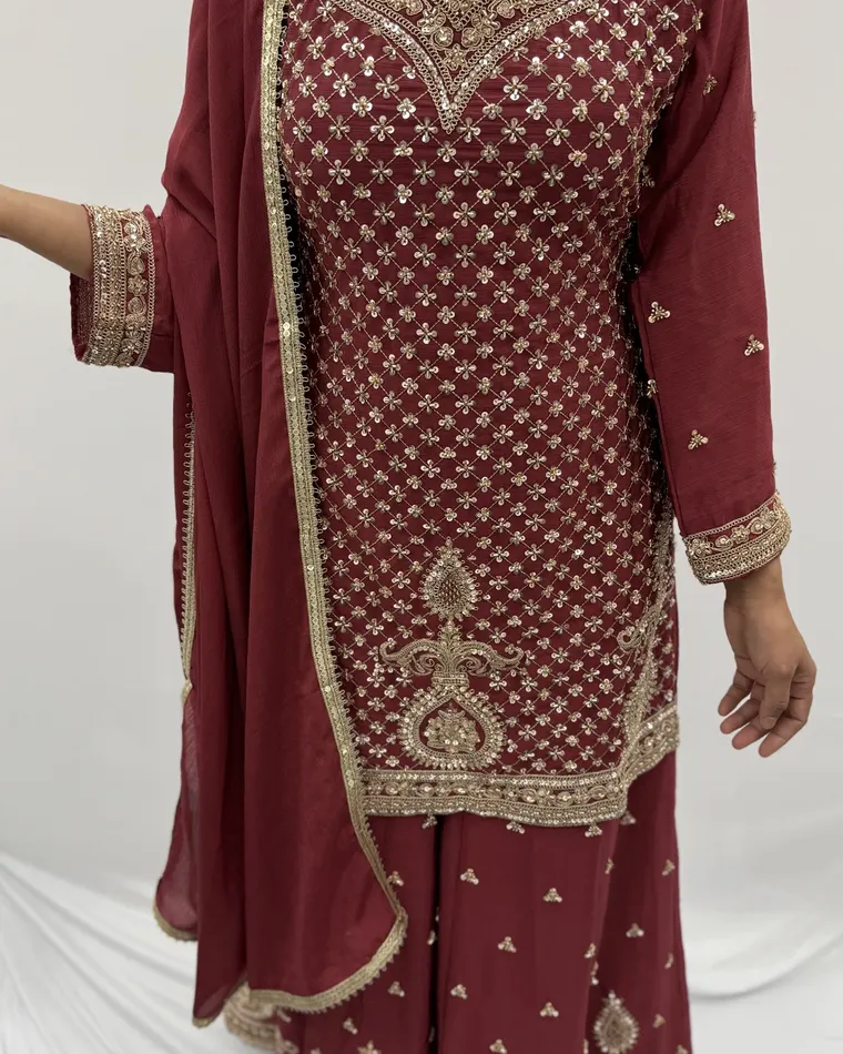 Stitched maroon heavy zari and sequin embroidered kurti with sharara and matching dupatta, size 38 — Punjabi suit Calgary