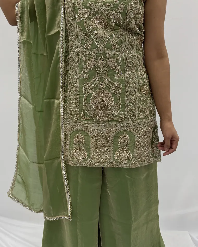 Stitched olive green heavy zari and sequin embroidered kurti with sharara and matching dupatta, size 38 — Punjabi suit Calgary