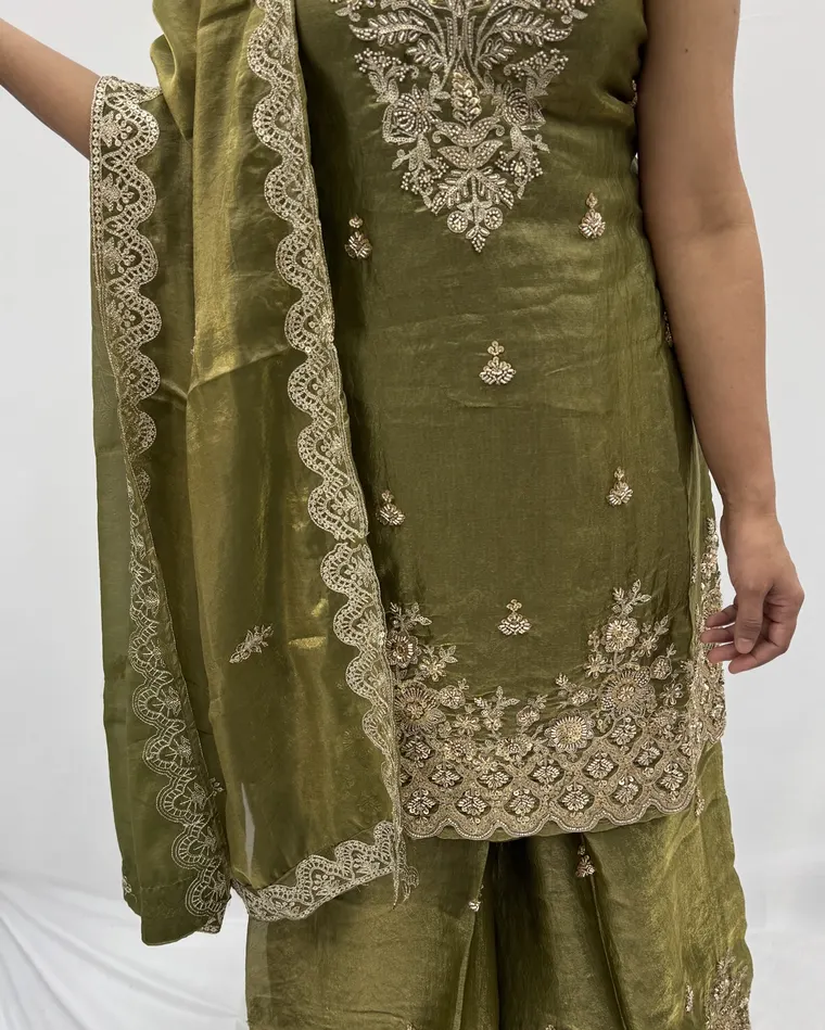 Stitched olive green sleeveless kurti with tree-motif zari and sequin embroidery, sharara and matching dupatta, size 38 — Punjabi suit Calgary