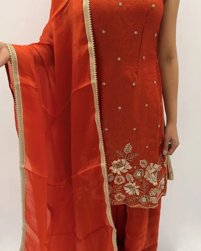 Vibrant orange silk kurti-sharara set with gold zari and sequin floral embroidery and matching dupatta, size 40 — Punjabi suit Calgary