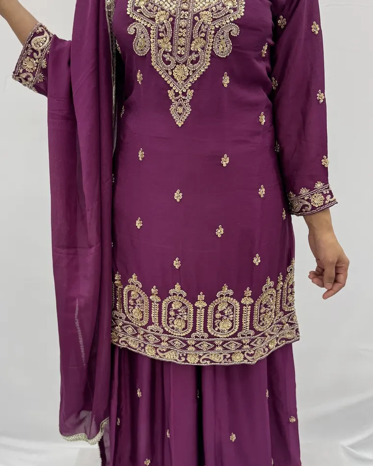 Stitched purple heavy zari and sequin embroidered kurti with sharara and matching dupatta, size 38 — Punjabi suit Calgary