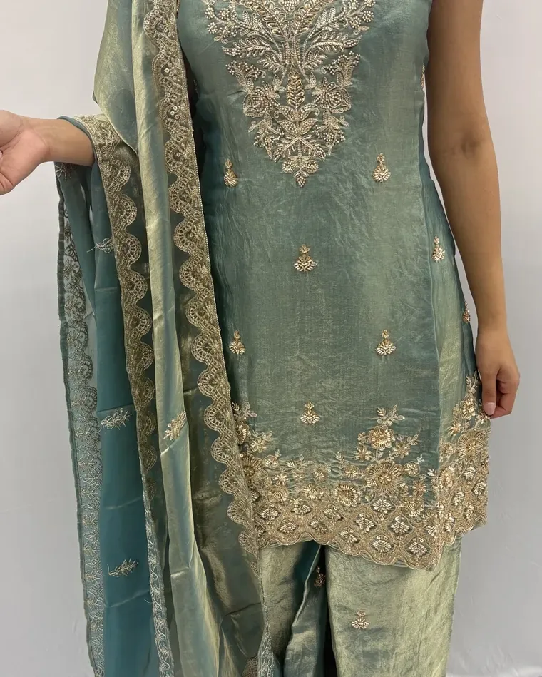 Sage green silk kurti-sharara set with heavy gold zari and sequin embroidery and matching dupatta, size 42 — Punjabi suit Calgary