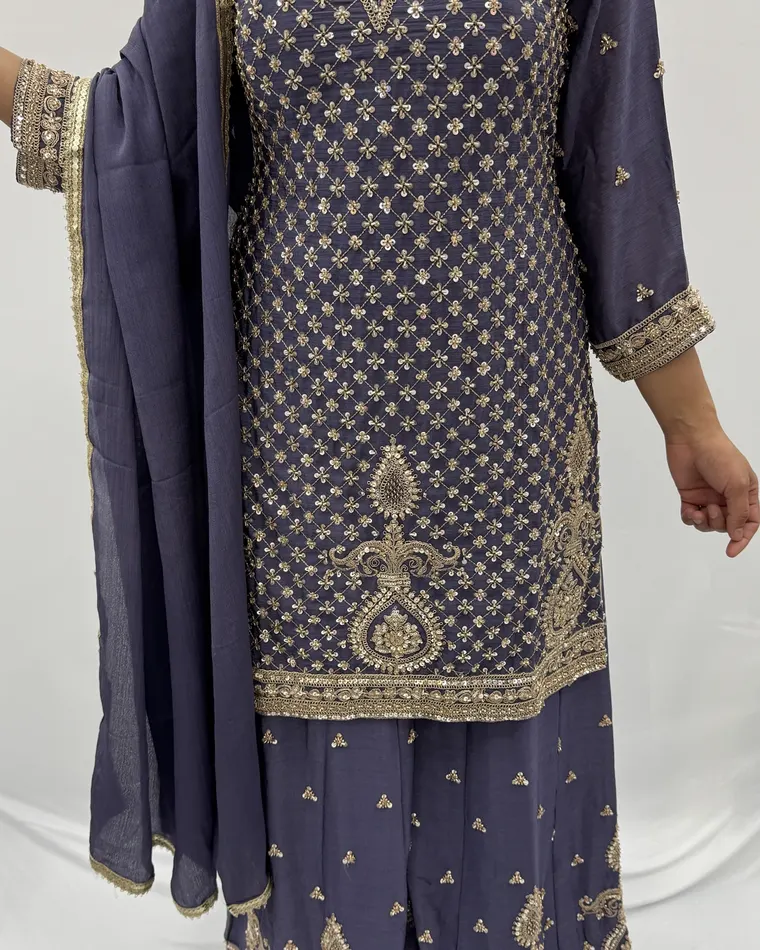 Stitched slate blue heavy zari and sequin embroidered kurti with sharara and matching dupatta, sizes 38 and 40 — Punjabi suit Calgary