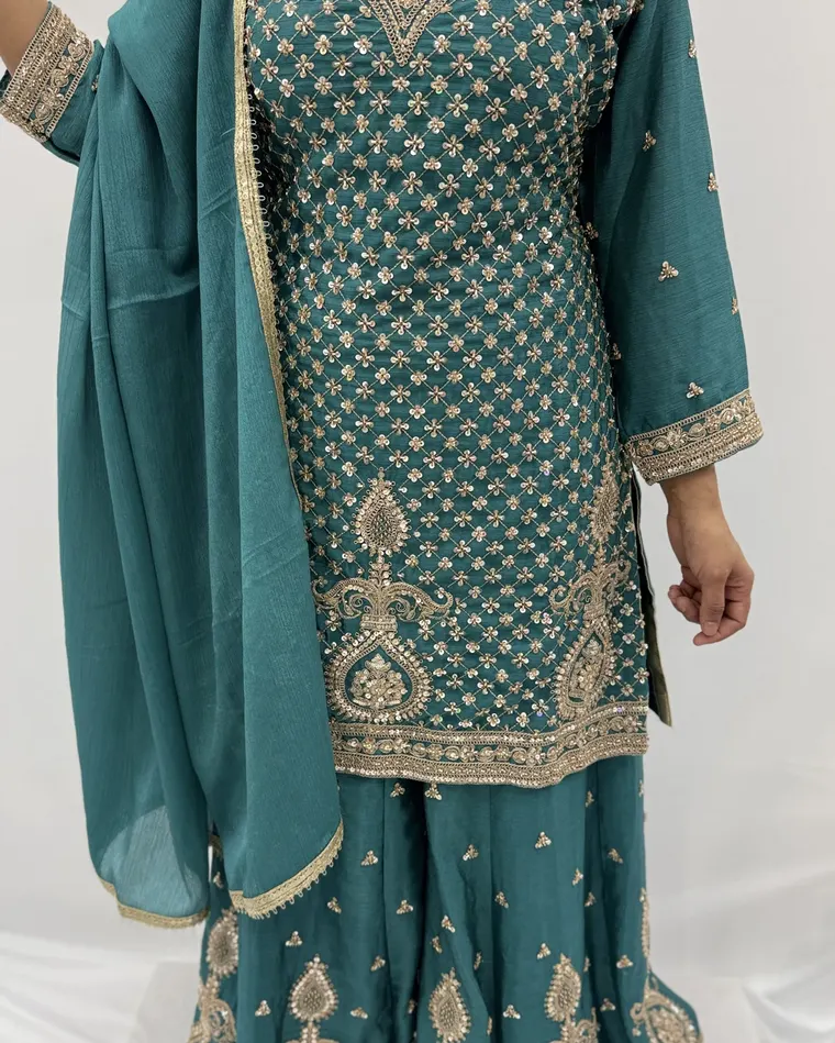 Stitched teal green heavy zari and sequin embroidered kurti with sharara and matching dupatta, size 40 — Punjabi suit Calgary