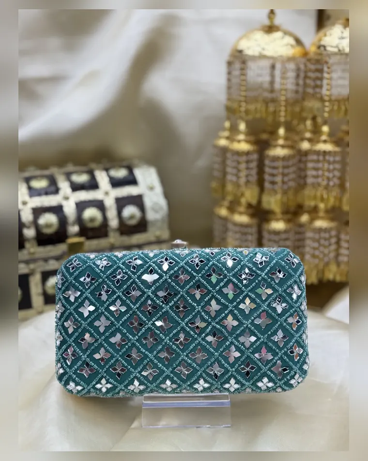 Turquoise blue mirror work hardcase clutch with lattice embroidery — Indian party clutch Calgary