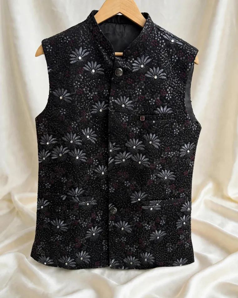 Wine geometric pattern velvet Nehru jacket vest at Patiala Fashion Calgary