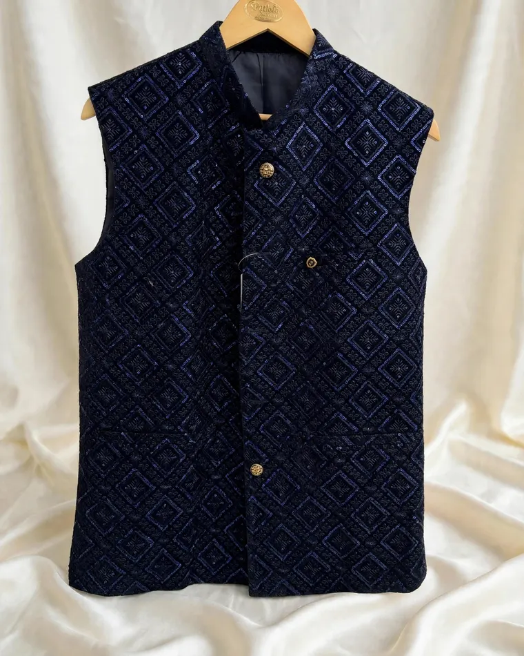 Dark blue checkered embroidered Nehru jacket for men, size 40
