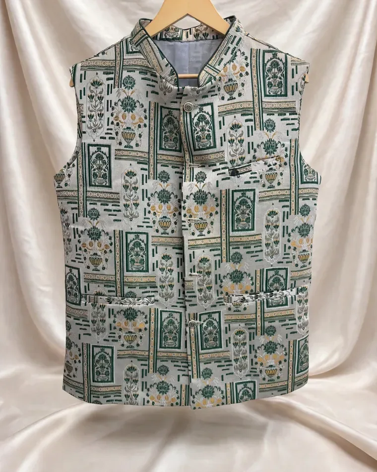 Grey and green floral printed Nehru jacket for men, size 40
