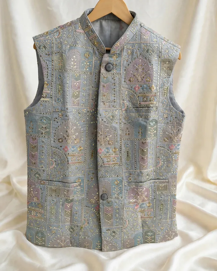 Light blue multicolored patchwork embroidered jacket for men, size 40