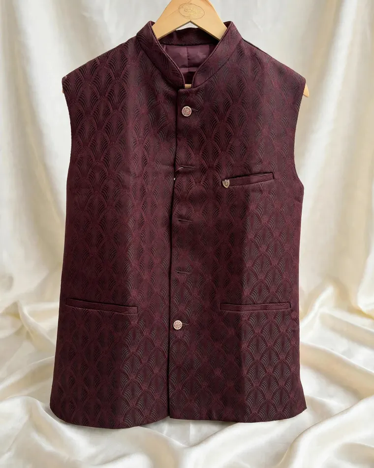 Maroon textured pattern Nehru jacket for men, size 40
