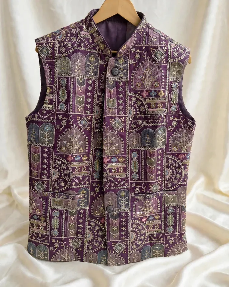 Purple multicolored patchwork embroidered jacket for men, size 40
