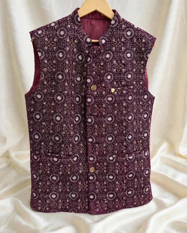Wine geometric pattern velvet Nehru jacket vest at Patiala Fashion Calgary