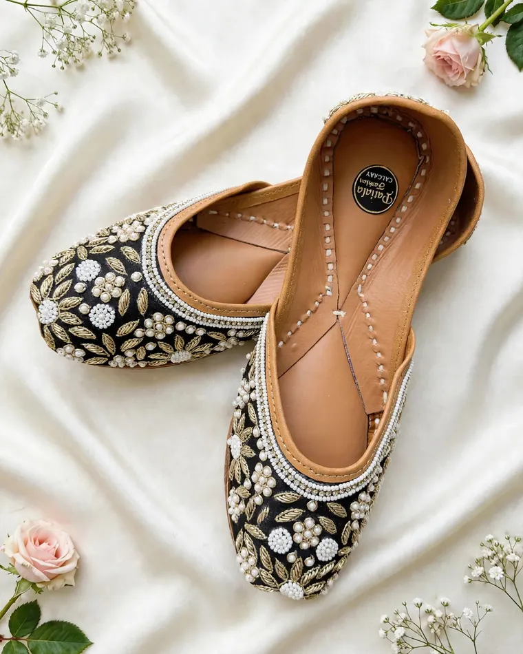 Black and white floral beaded designer Punjabi jutti — women's jutti Calgary