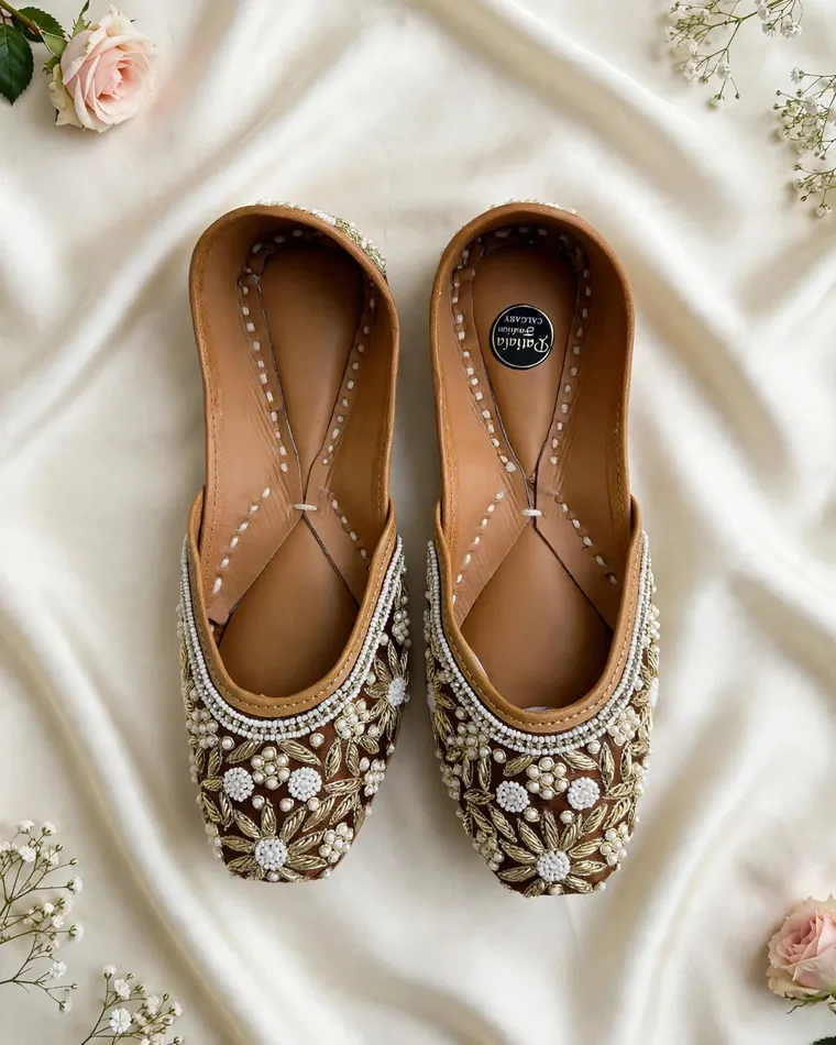 Brown pearl and zardozi handcrafted bridal jutti — women's jutti Calgary