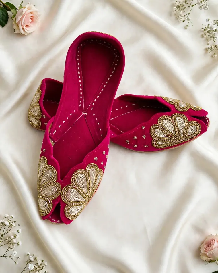 Fuchsia pink velvet mojri with gold floral embroidery — women's jutti Calgary