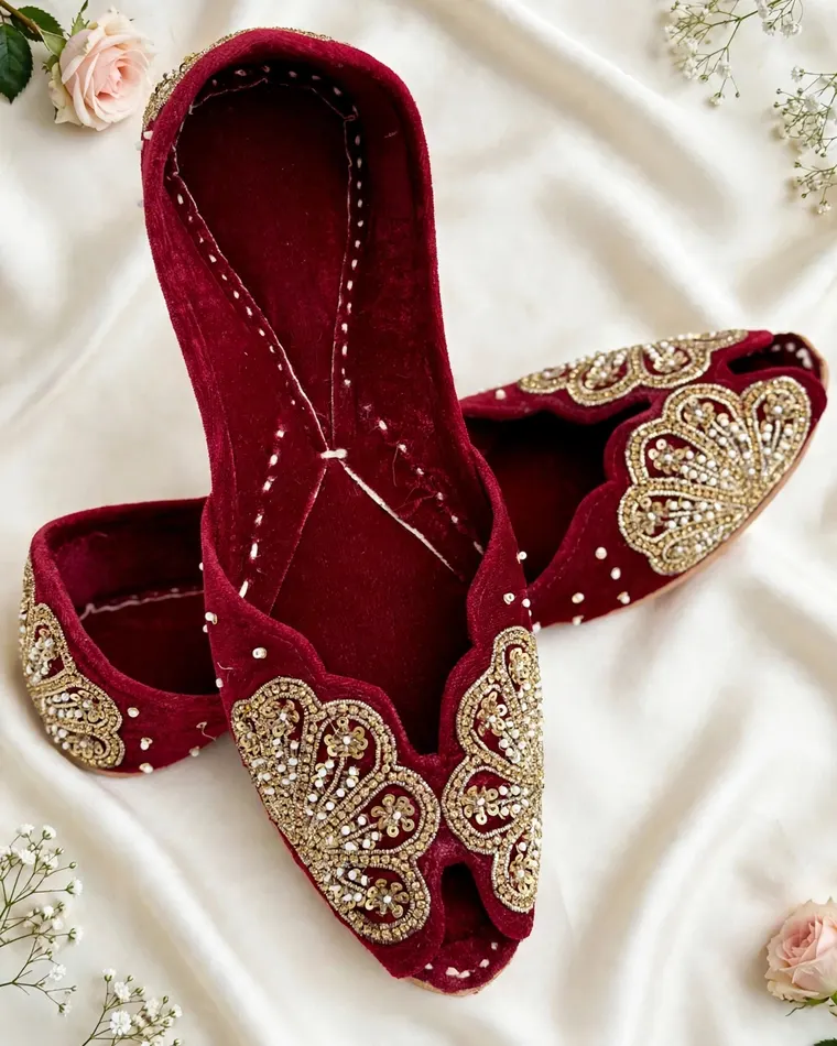 Maroon velvet jutti with gold floral embroidery — women's jutti Calgary