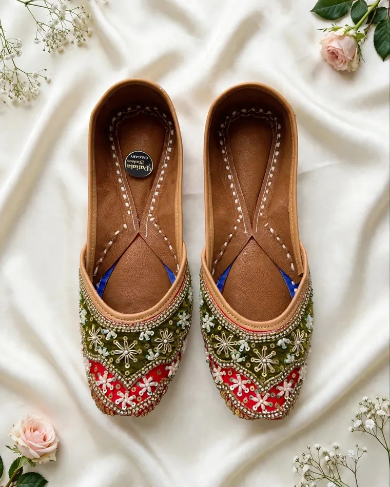 Multi-color multitonal embroidered traditional mojri — women's jutti Calgary