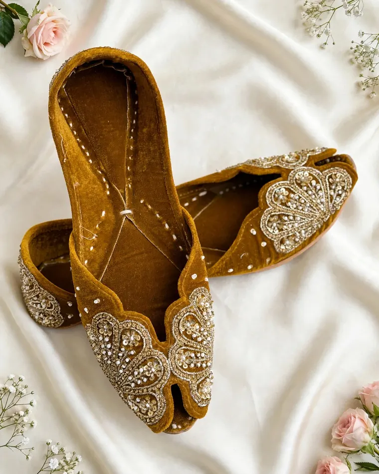 Mustard yellow velvet jutti with gold floral embroidery — women's jutti Calgary