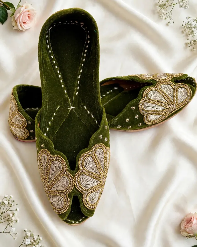 Olive green velvet mojri with gold floral embroidery — women's jutti Calgary
