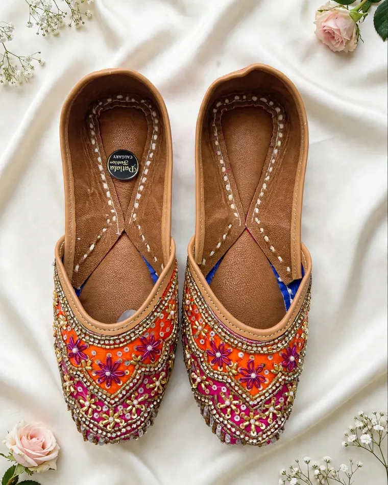 Orange and pink floral sequin embellished Punjabi jutti — women's jutti Calgary