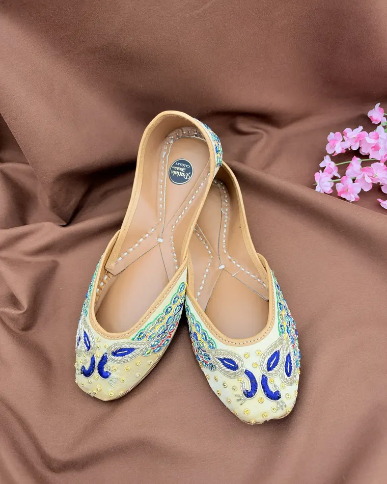 Ivory and blue peacock embroidered Punjabi jutti with gold zardozi — women's jutti Calgary