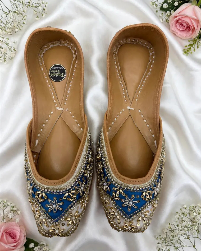 Royal blue and gold zardozi embroidered Punjabi jutti — women's jutti Calgary