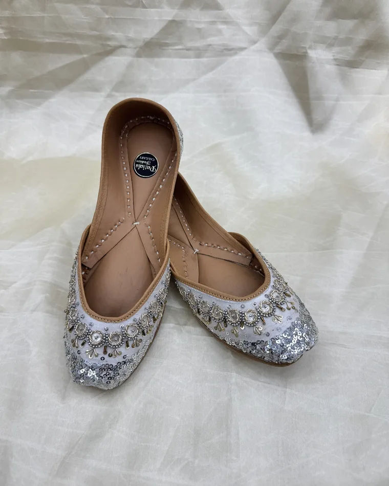 Silver sequined and beaded shimmer jutti — ethnic wedding jutti Calgary