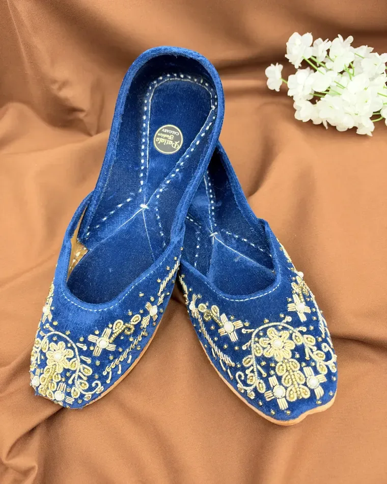 Royal blue velvet Punjabi jutti with gold zari and pearl embroidery — women's jutti Calgary
