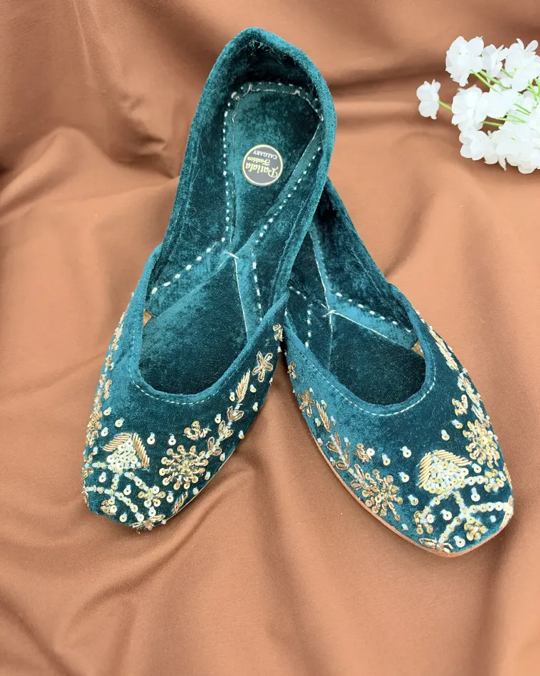 Teal green velvet Punjabi jutti with gold zari and sequin embroidery — women's jutti Calgary