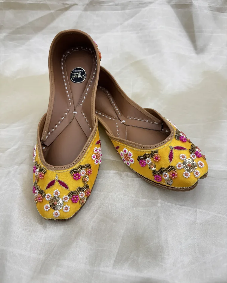 Sunshine yellow jutti with floral beading and sequins — party wear jutti Calgary