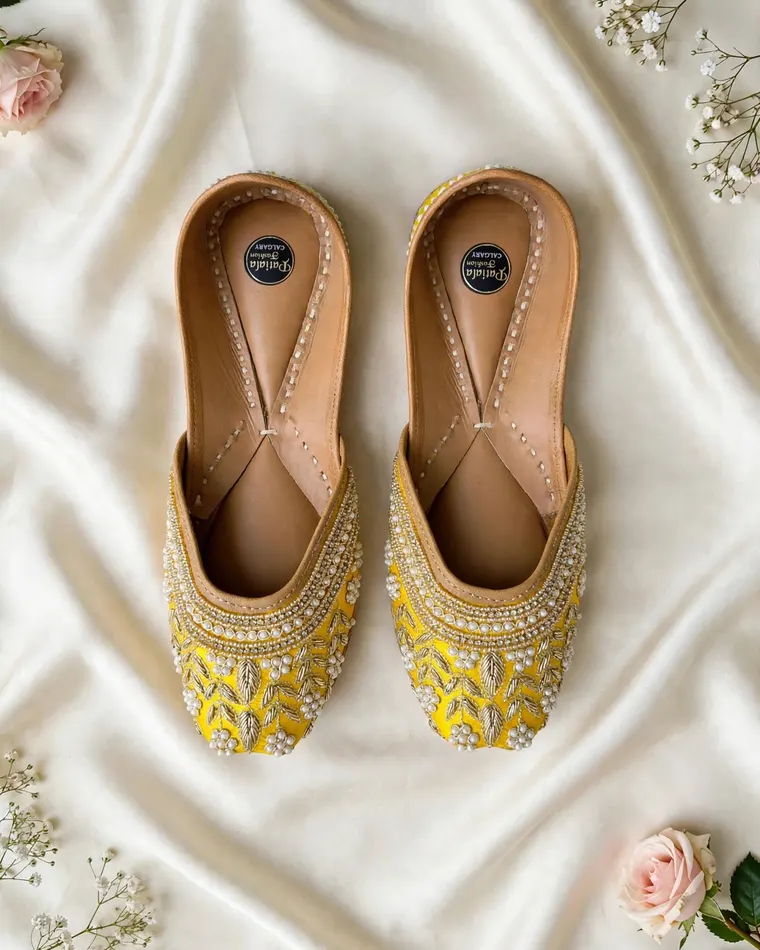 Yellow haldi ceremony pearl embroidered ethnic mojri — women's jutti Calgary